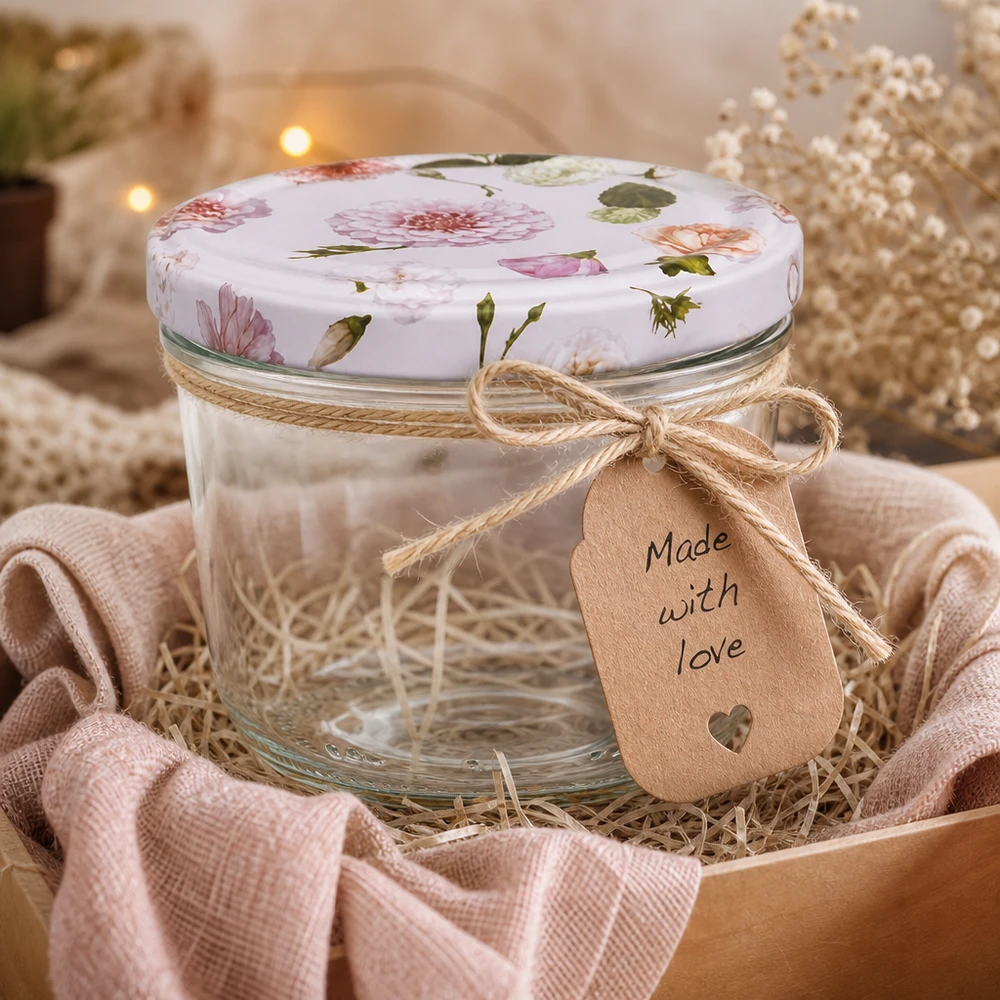 Verres 230 ml + couvercle BasicSeal rose... 230ml Verre renversé BasicSeal Couvercle rose Fleurs Emballage cadeau Panier en raphia Boucle de jute Made with Love Pendentif