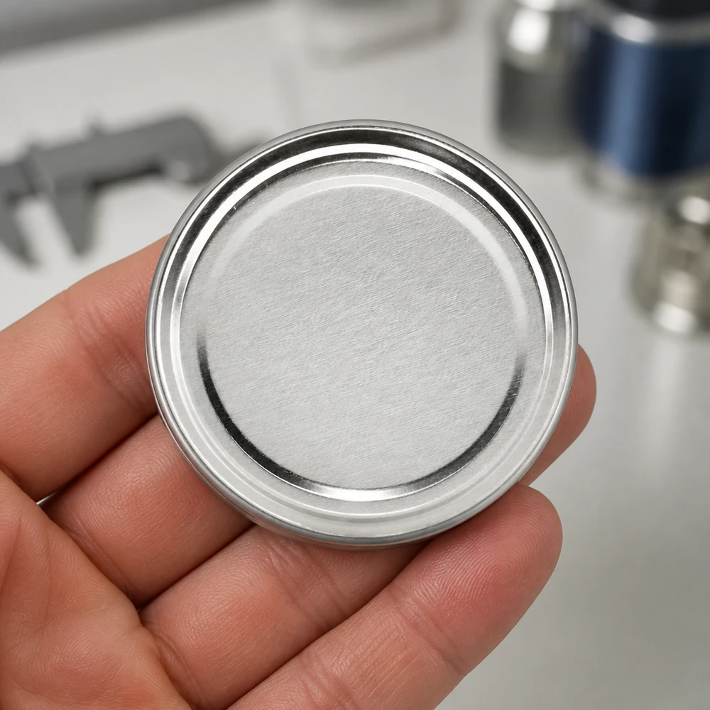 Couvercle BasicSeal 82 mm argenté (TO82) UNiTWIST Couvercle à vis argenté lisse TO82 82 mm UNiTWIST BasicSeal pour bocaux de conserve – Comparaison des tailles (main)