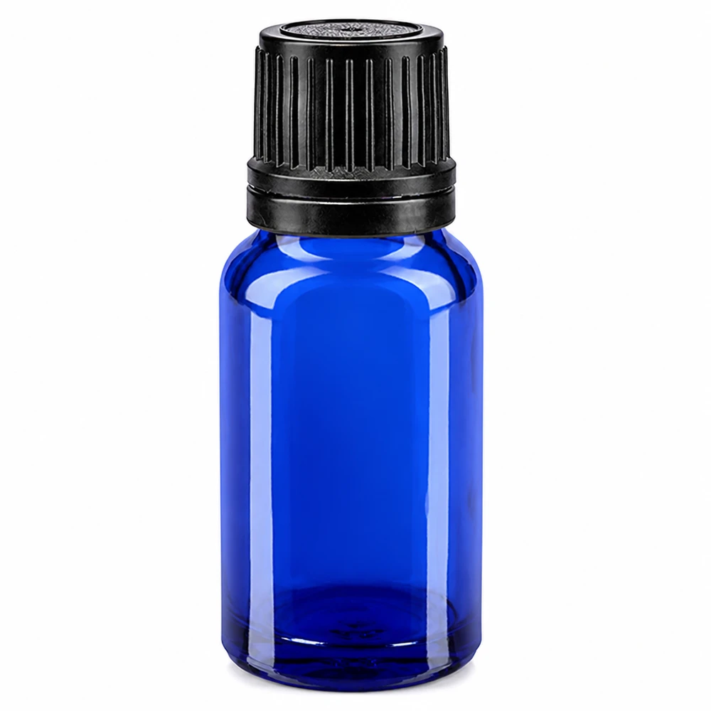 Flacon compte-gouttes bleu cobalt de 10 ml, muni d'un bouchon d'origine à sécurité enfant, en verre de haute qualité