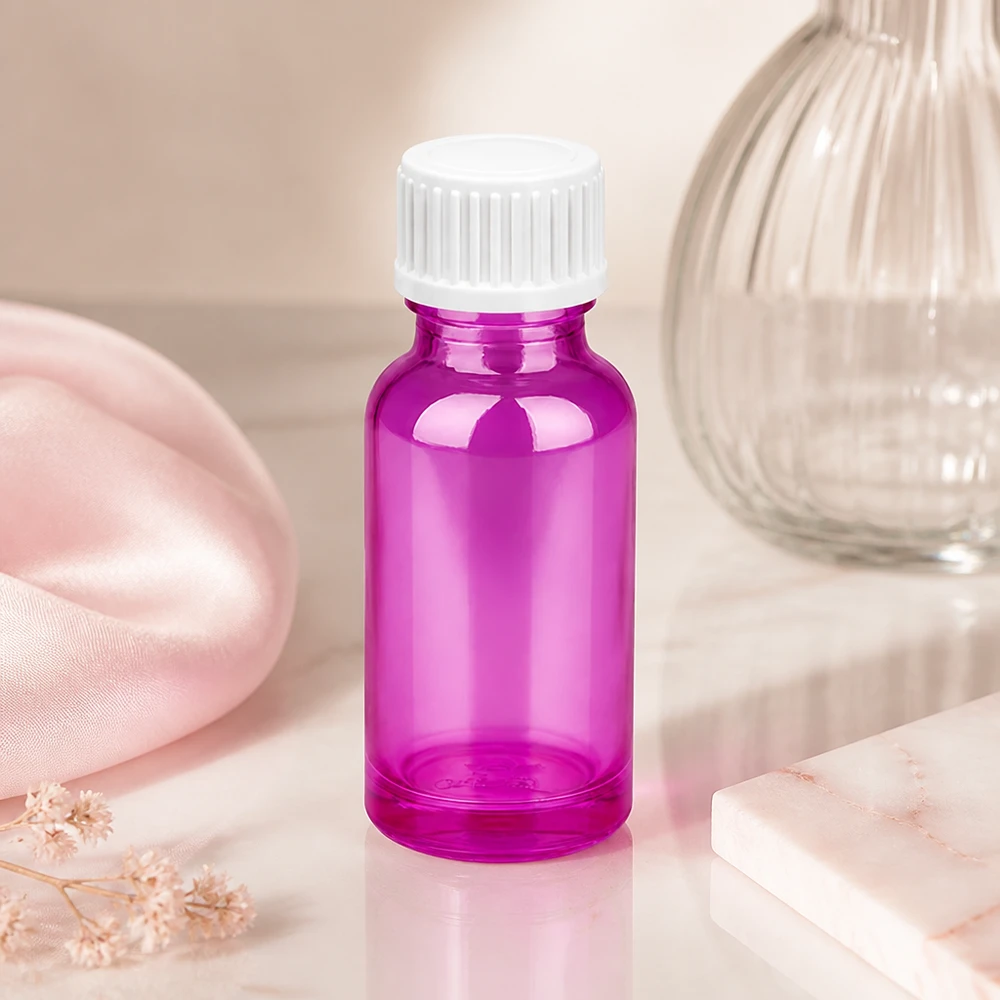 20ml (globules)Flacon 3mm bague de coulée blanc standard PurpleLine.UT18/20 Bouteille élégante de 20 ml de couleur violette leuctende avec un bouchon blanc pour les cosmétiques et les soins.