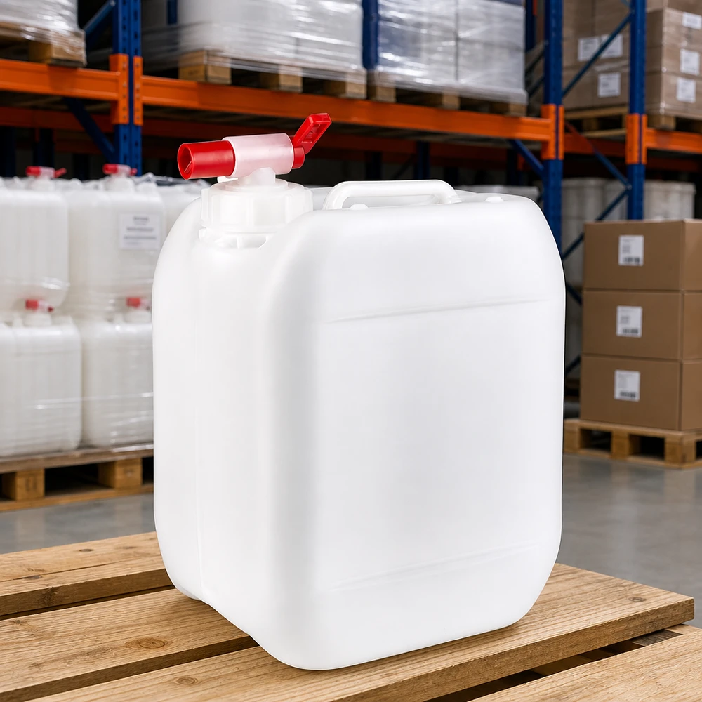 Bidon de 5 litres adapté au contact alimentaire, muni d'un robinet de vidange pratique pour un stockage sûr des liquides