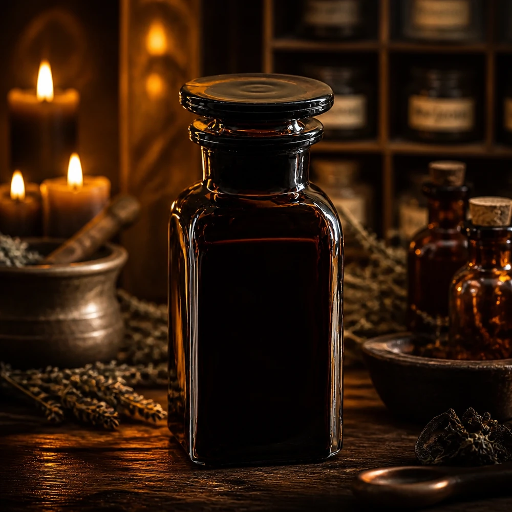 Flacon carré col large 100 ml + bouchon RIN, verre ambré Flacon carré à col large de 100 ml, en verre d'apothicaire brun foncé, avec bouchon hermétique préservant les arômes