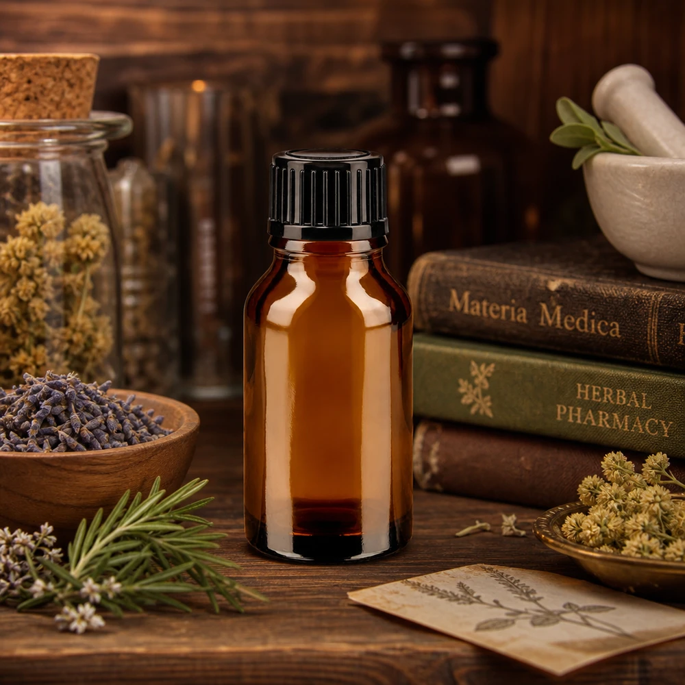 Flacon en verre brun 15ml avec bouchon à vis noir Petite bouteille marron de 15 ml avec un bouchon à vis, posée sur une table en bois à côté de lavande et de romarin séchés