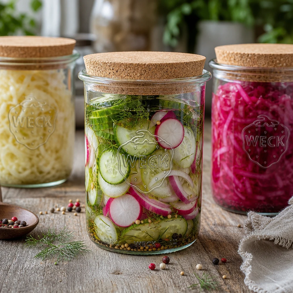 1000ml bocal conique WECK RR100 avec bouchon nature WECK Pot renversé 1000ml RR100 avec couvercle en liège Set de bocaux Concombres marinés Choucroute Radis Bocaux de conservation