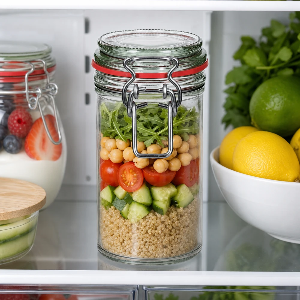 Bocal de conservation de 272 ml, type G, avec bouchon à clip UN.. Pot à provisions 272ml avec fermeture à étrier rempli de salade quinoa pois chiches tomates concombres au réfrigérateur
