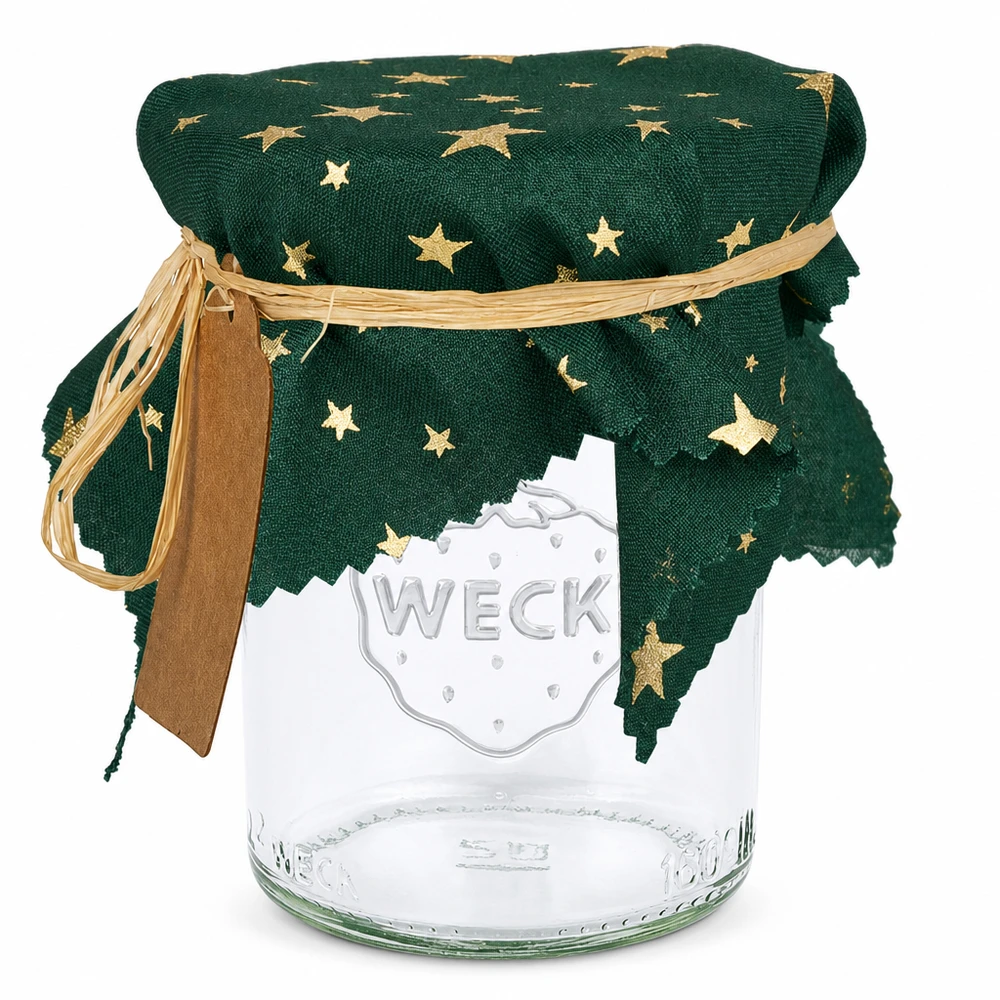Couvercle en tissu étoiles vertes 150x150mm carré Cache-bijoux en tissu vert avec étoiles dorées sur bocal, 15cm carré, cache-confiture avec ruban en raphia
