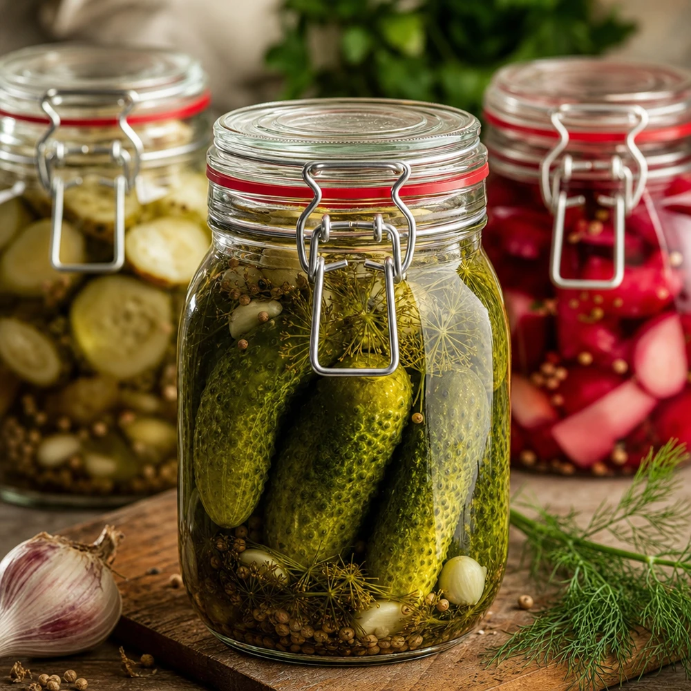 Bocal hermétique de 1140 ml avec fermeture à étrier, parfait pour la mise en conserve des cornichons et des légumes.