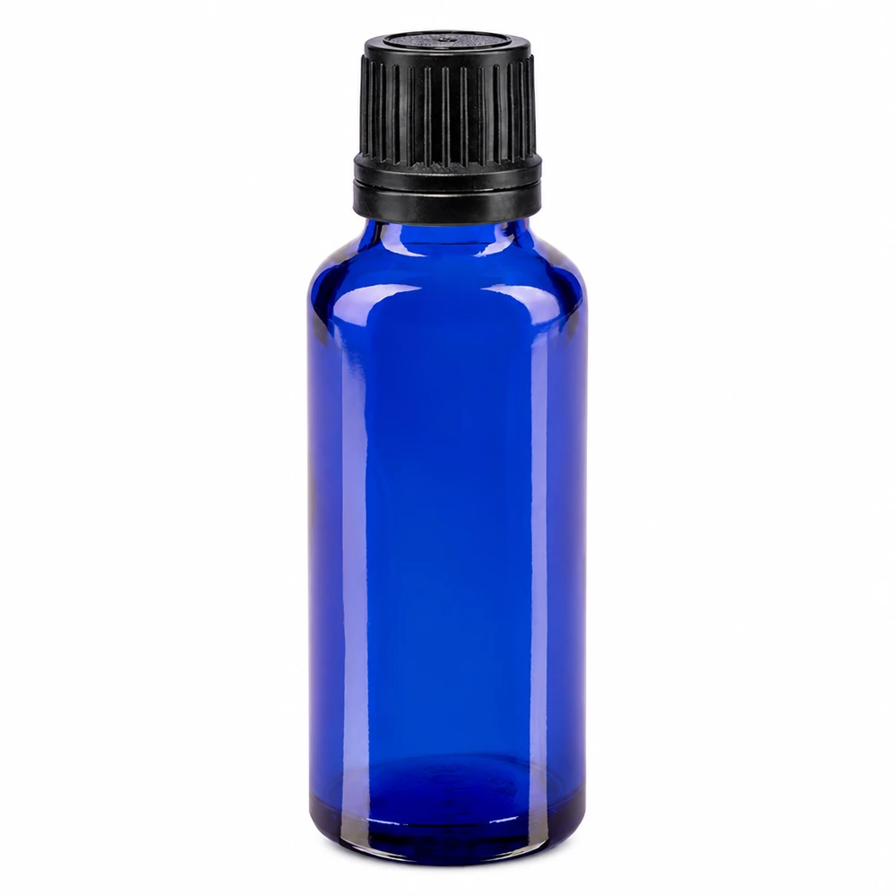 Flacon compte-gouttes bleu de 30 ml avec bouchon à vis à sécurité enfant et orifice de 1 mm