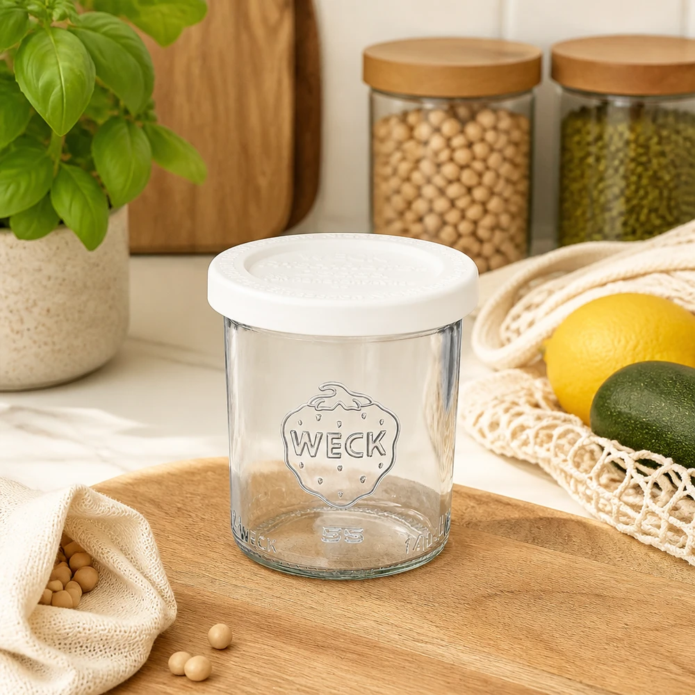 Bocal en verre de 140 ml avec couvercle hermétique WECK RR60 WECK Pot de 140ml RR60 vide avec couvercle fraîcheur dans la cuisine moderne à côté des bocaux à provisions et des fruits frais