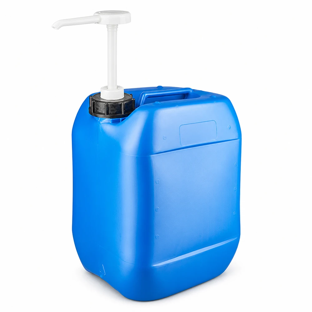 Bidon de 10 litres bleu avec pompe doseuse Bidon rectangulaire en PEHD de 10 L, de couleur bleue, avec pompe verseur et bouchon à vis noir