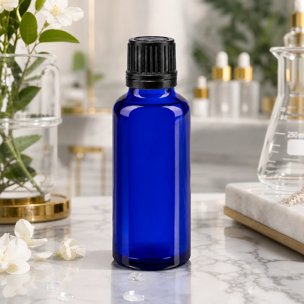 Flacon de pharmacie bleu de 30 ml avec verre anti-UV et doseur de précision de 1 mm