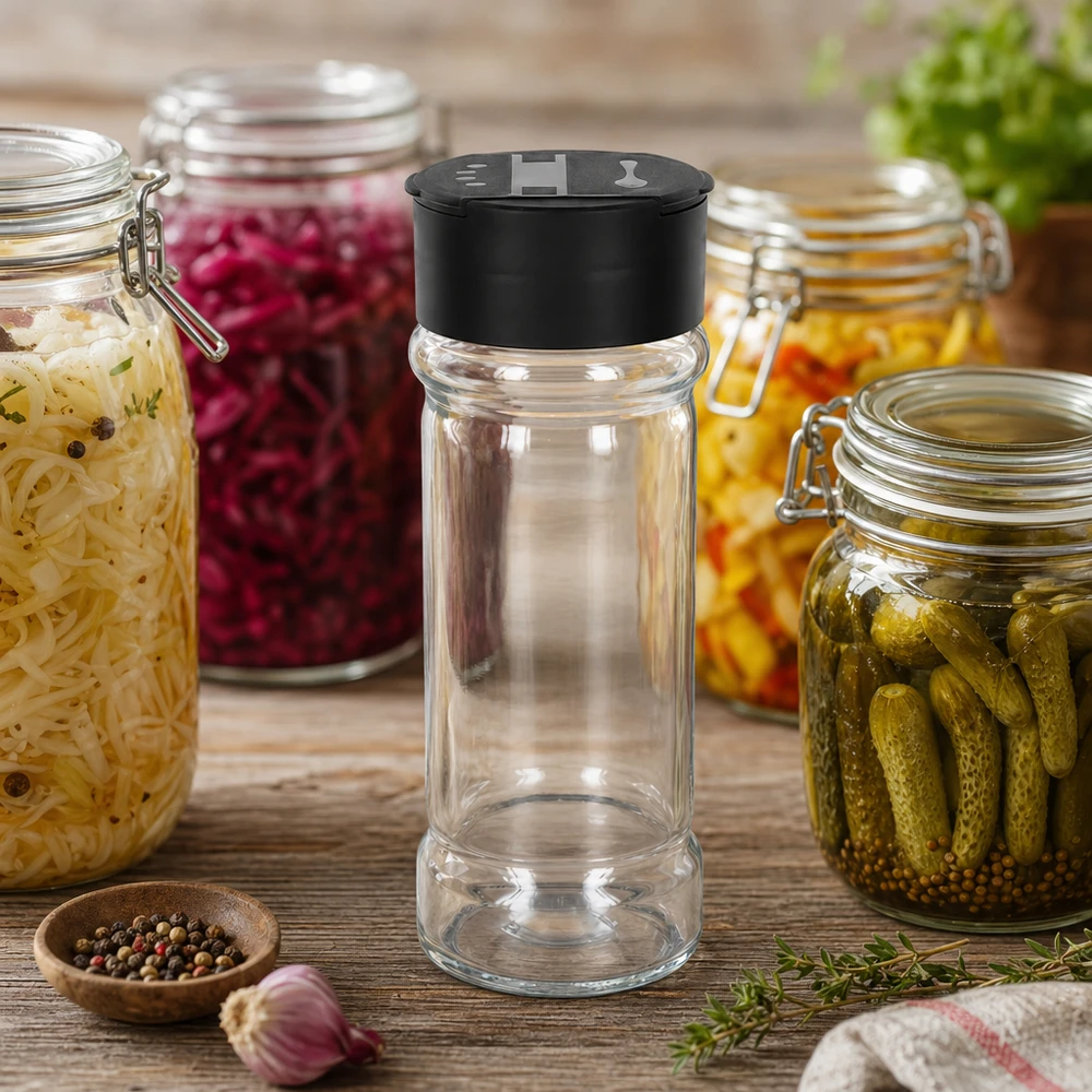 Pot à sel/épices 100 ml avec double saupoudreuse, noir Bocal à épices transparent avec saupoudreuse double, de couleur noire, posé sur une table en bois avec des bocaux de conserve