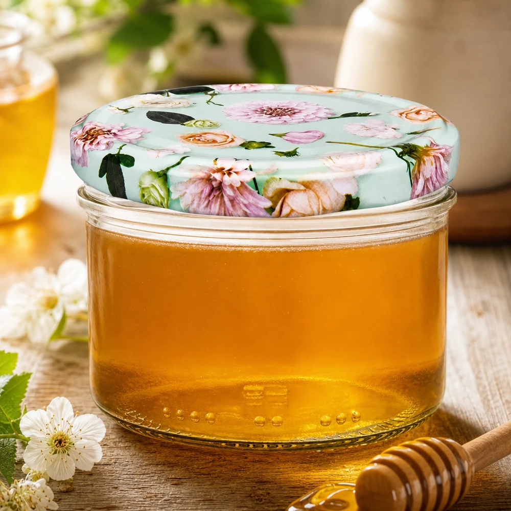 Pot cylindrique de 230 ml + couvercle BasicSeal en forme de fleur de menthe Pot de miel 230ml avec couvercle décoratif BasicSeal fleur menthe - miel doré avec cuillère en bois et décorations florales