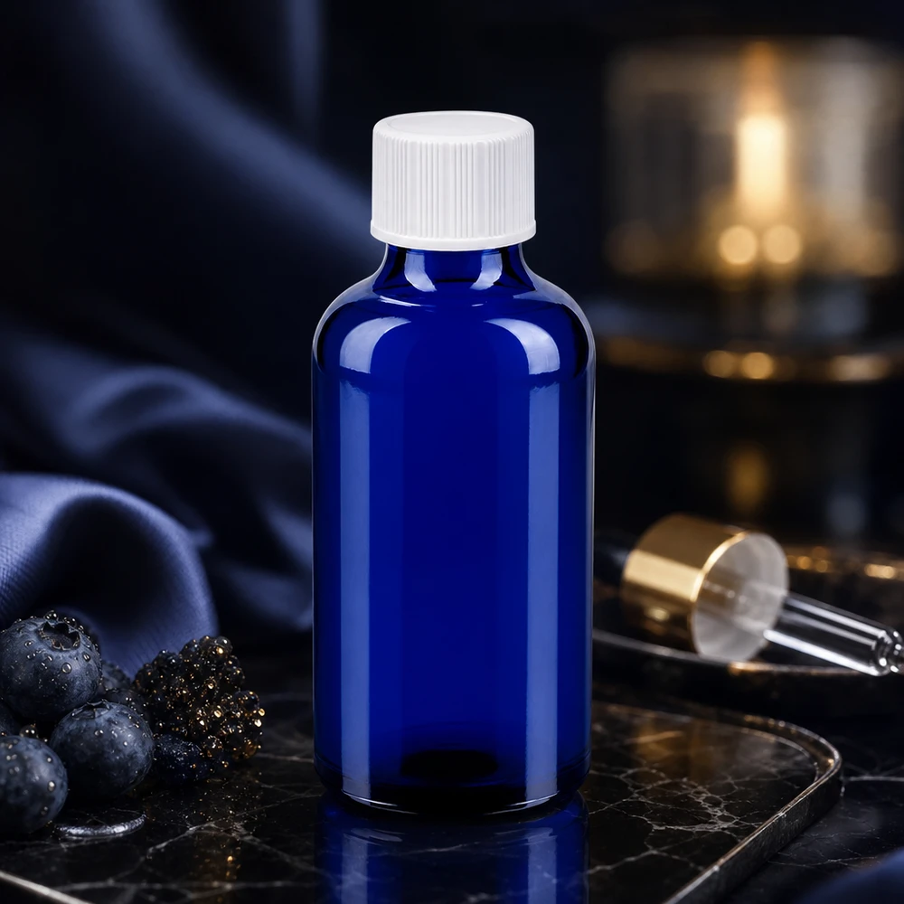 Flacon de 50ml 11mm SV blanc STD BlueLine UT18/50 Bouteille en verre maniable de 50 ml bleu foncé avec bouchon rotatif blanc ergonomique