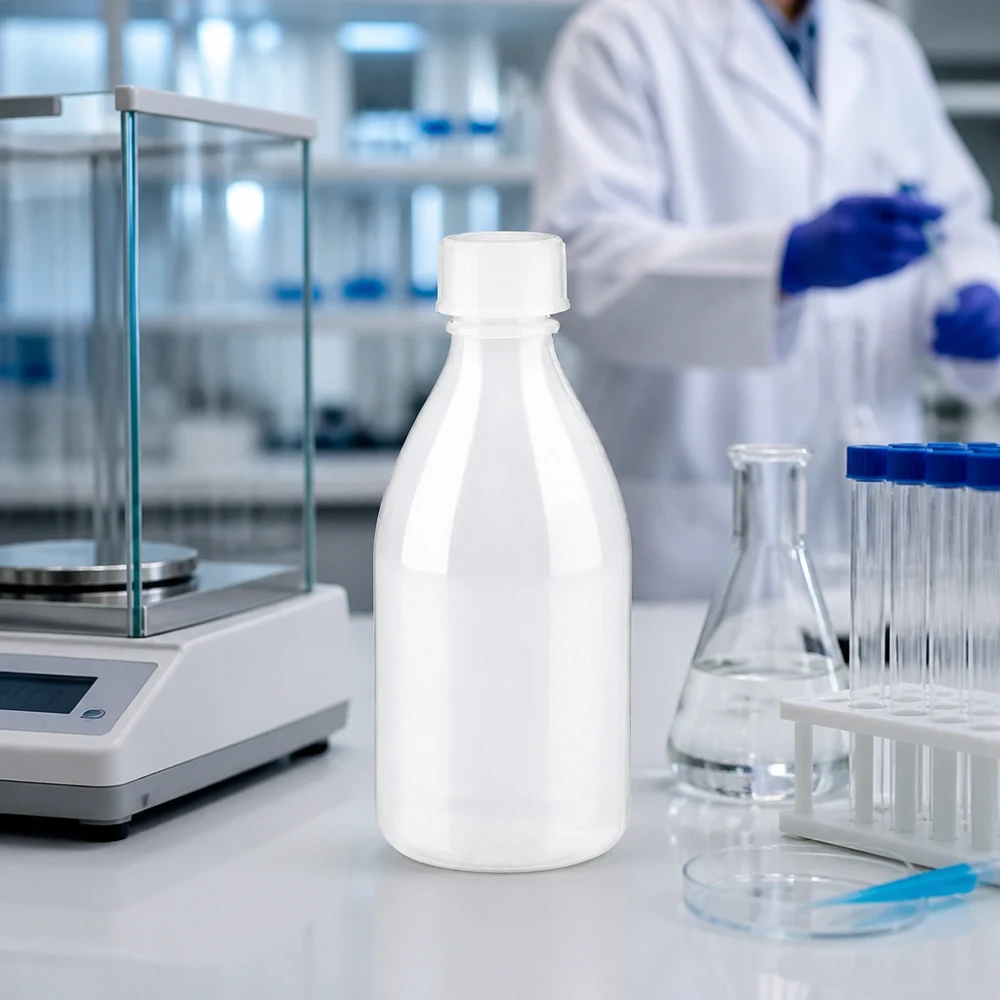 Flacon 100 ml à col étroit, avec bouchon Petit flacon de laboratoire blanc en PEHD de 100 ml, à col étroit et muni d'un bouchon à vis sécurisé, destiné à un usage en laboratoire