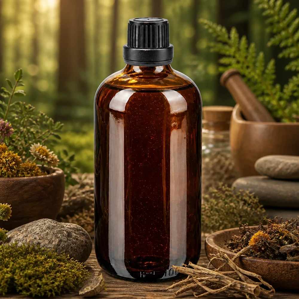 Flacon ApoGlas brun de 100 ml avec un compteur-goutte de 2 mm, entre des herbes séchées et un mortier