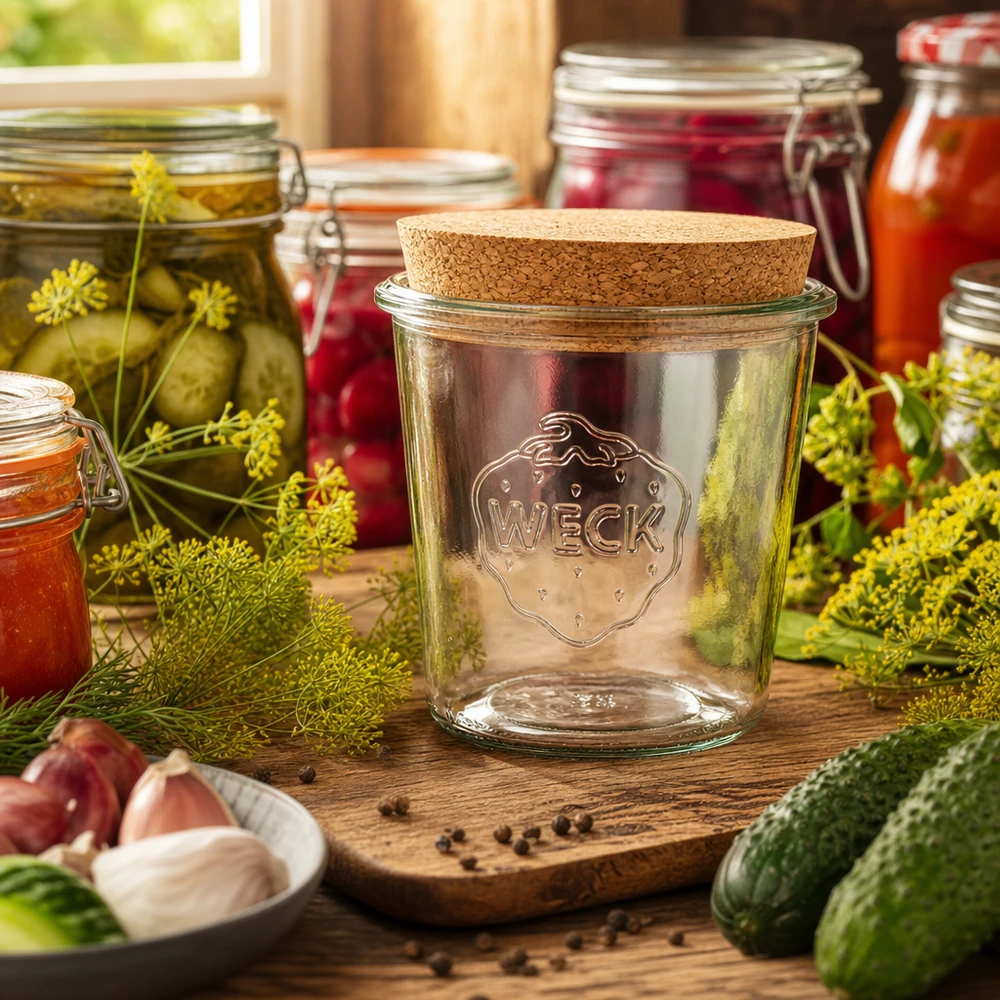 580ml bocal conique WECK RR100 avec bouchon nature WECK Pot de conservation 580ml RR100 Couvercle en liège décoré dans une cuisine rustique avec des épices des cornichons et des accessoires de conservation