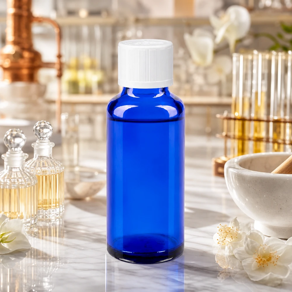 Flacon à pharmacie bleu 30ml bouchon anti-goutte blanc séc. enf. std Flacon d'apothicaire bleu cobalt de 30 ml avec couvercle en KiSi, posé sur du marbre à côté d'un mortier et de fleurs de jasmin