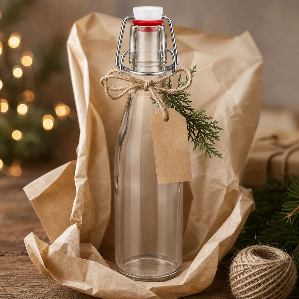 Bouteille en verre de 250 ml + bouchon mécanique en porcelaine UN.. 250ml Glasflasche mit Bügelverschluss als Geschenk verpackt mit Juteschnur, Kraftpapier-Anhänger und Tannenzweig