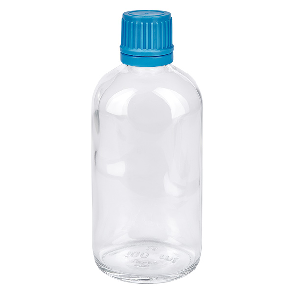 Flacon 100ml 11mm SV bleu OV ClearLine UT18/100 Flacon en verre ClearLine de 100 ml avec bouchon à vis bleu de 11 mm et cache-bouchon de sécurité