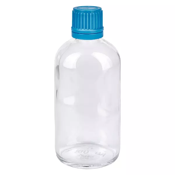Flacon 100ml 11mm SV bleu OV ClearLine UT18/100 Flacon en verre ClearLine de 100 ml avec bouchon à vis bleu de 11 mm et cache-bouchon de sécurité