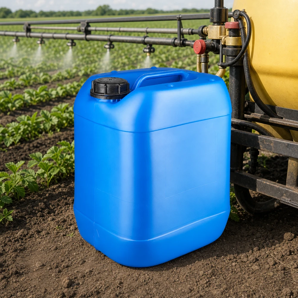 Bidon rectangulaire en plastique bleu de 20 litres, muni d'une poignée de transport, destiné aux produits phytosanitaires utilisés en agriculture