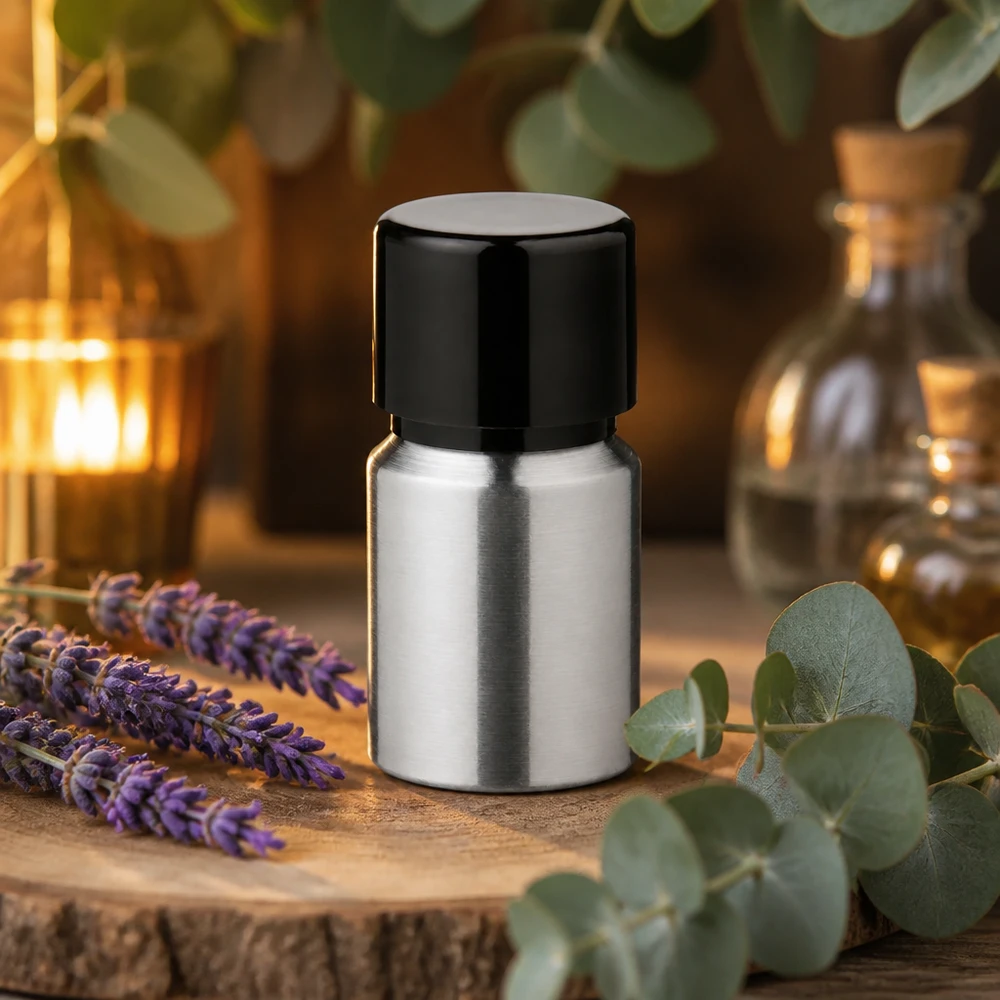 Bouteille en aluminium poncé 10 ml, avec bouchon à vis noir et joint conique Le flacon en aluminium opaque de 10 ml protège les ingrédients sensibles des rayons UV