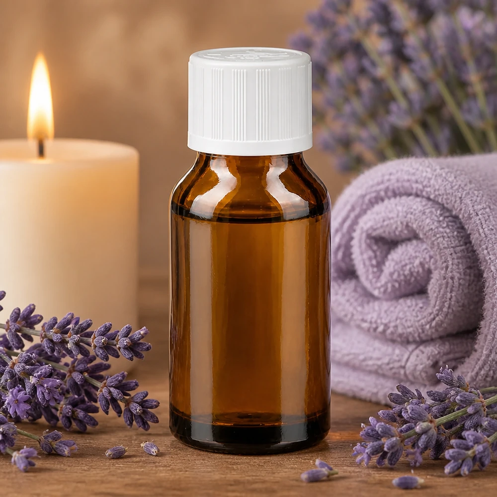 Flacon à pharmacie brun 30ml bouchon compte-gouttes blanc sécurité enfant std Flacon compte-gouttes de 30 ml en verre ambré avec bouchon KiSi blanc, à côté de fleurs de lavande et d'une bougie d'aromathérapie