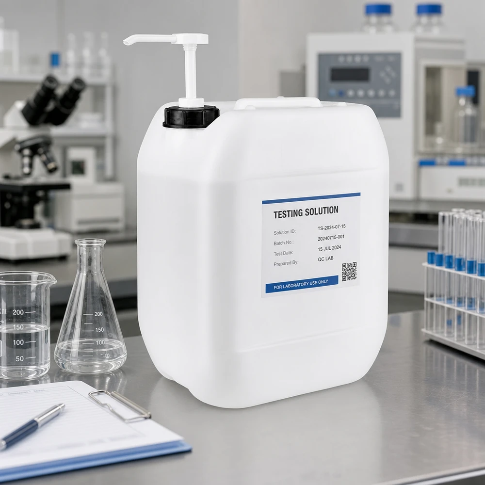 Jerrican de 10 litres avec pompe doseuse Récipient robuste de 10 litres pour liquides, muni d'une étiquette « Testing Solution » et d'un code QR, destiné à un usage en laboratoire