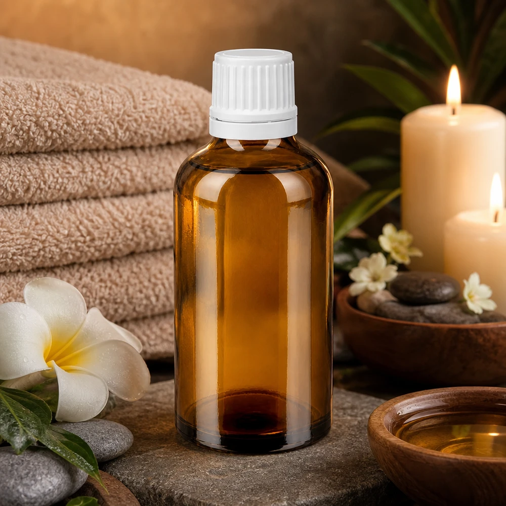 Petite bouteille en verre marron de 50 ml avec bouchon compte-gouttes blanc, idéale pour les huiles essentielles dans les spas