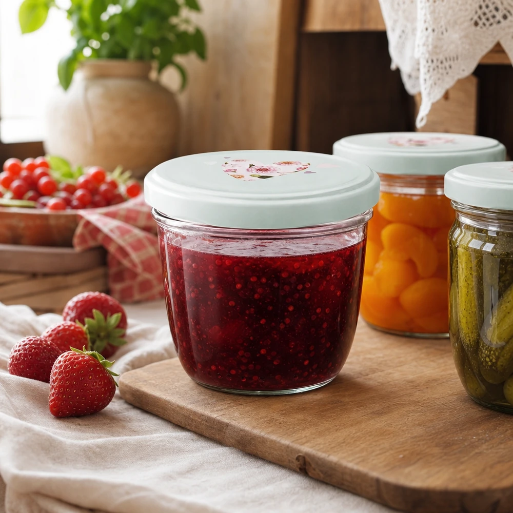 Verres de 230 ml + couvercle BasicSeal cur menthe UNiTWIST Confiture de fraises en pot renversé de 230 ml avec couvercle BasicSeal Cœur menthe, confiture maison à côté de fraises fraîches