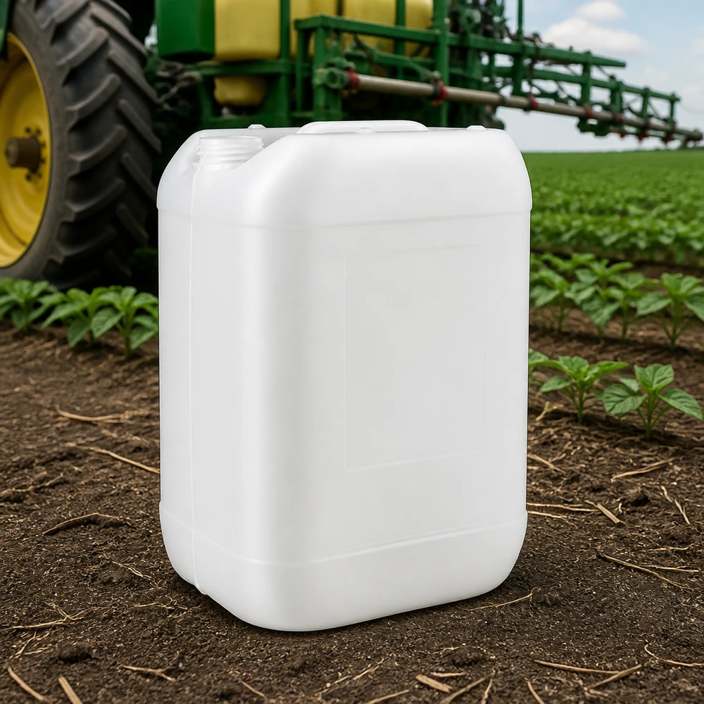 Jerrican de 25 litres sans bouchon Un bidon en plastique robuste de 25 litres sans couvercle, posé à côté d'un tracteur et d'un pulvérisateur agricole