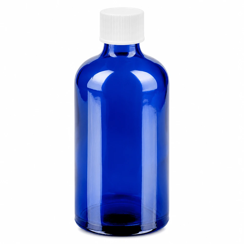 Flacon 100ml 11mm SV blanc STD BlueLine UT18/100 Bouteille en verre de haute qualité 100ml protection contre les UV grâce au verre bleu avec un filetage de 11mm