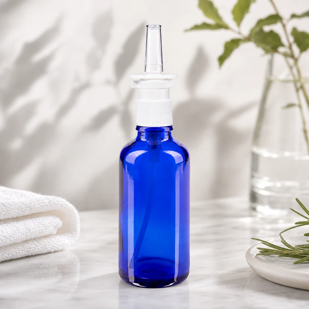 Flacon de pharmacie de 50 ml, bleu cobalt, avec embout nasal transparent et bouchon de sécurité blanc