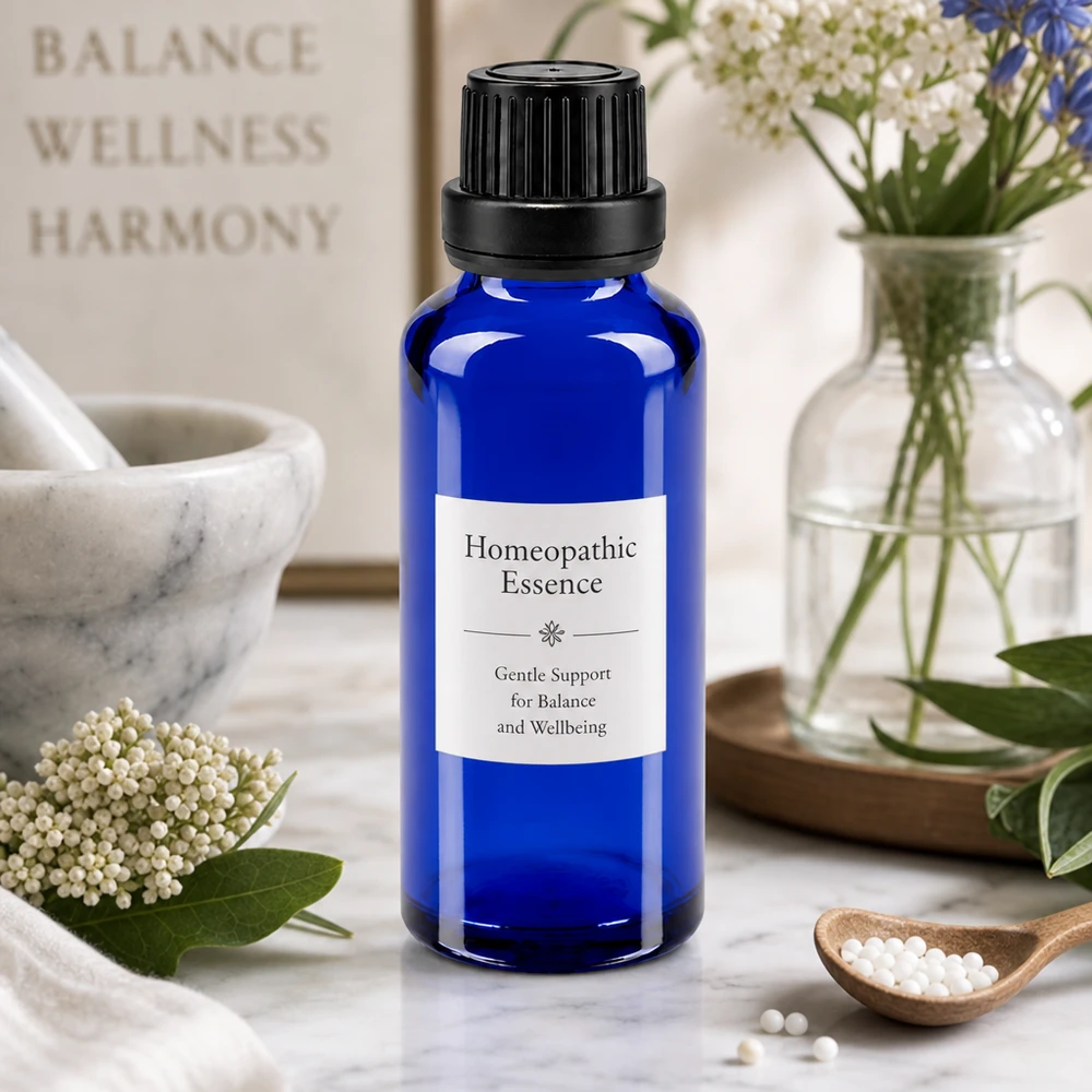Petit flacon en verre bleu de 30 ml muni d'un bouchon compte-gouttes noir, à côté d'un mortier et de plantes médicinales