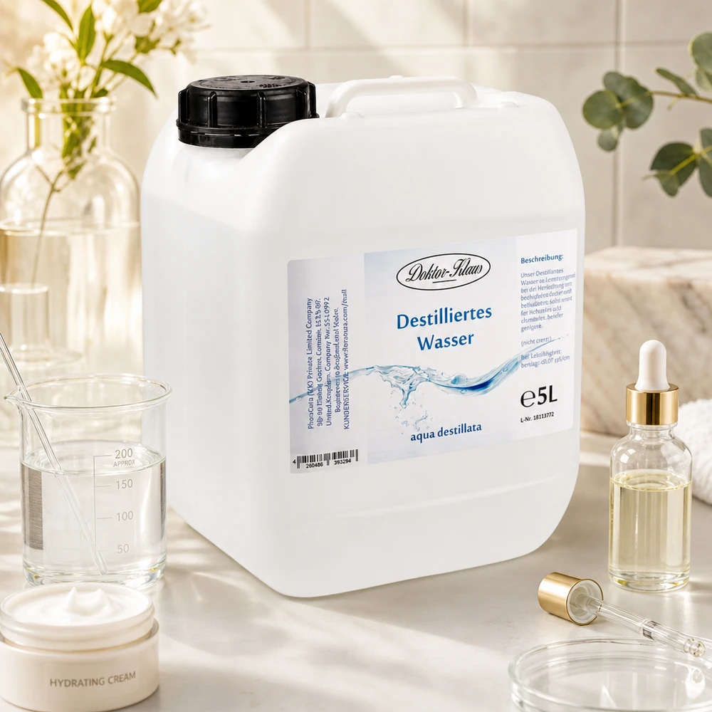 Eau distillée Doktor-Klaus bidon de 5L en environnement de laboratoire cosmétique avec verrerie et pipettes