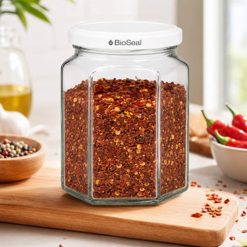 288ml Verre hexagonal avec couvercle BioSeal blanc UNiTWIST UNiTWIST Hexa288 Pot à épices rempli de flocons de piment et couvercle BioSeal blanc sur planche de cuisine avec épices