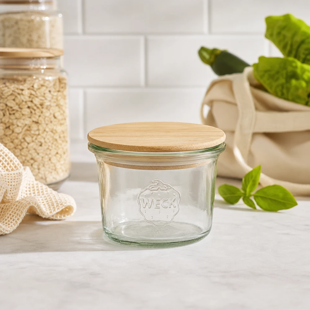 WECK Mini pot renversé 35ml RR40 avec couvercle en bois de bambou dans une cuisine durable avec des bocaux à provisions et des plantes vertes