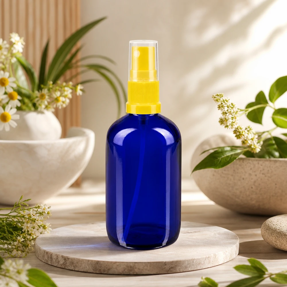 Flacon de pharmacie bleu 100ml embout spray jaune Flacon pulvérisateur en verre de pharmacie, 100 ml, bleu avec vaporisateur jaune, pour hydrolats et sprays d'ambiance