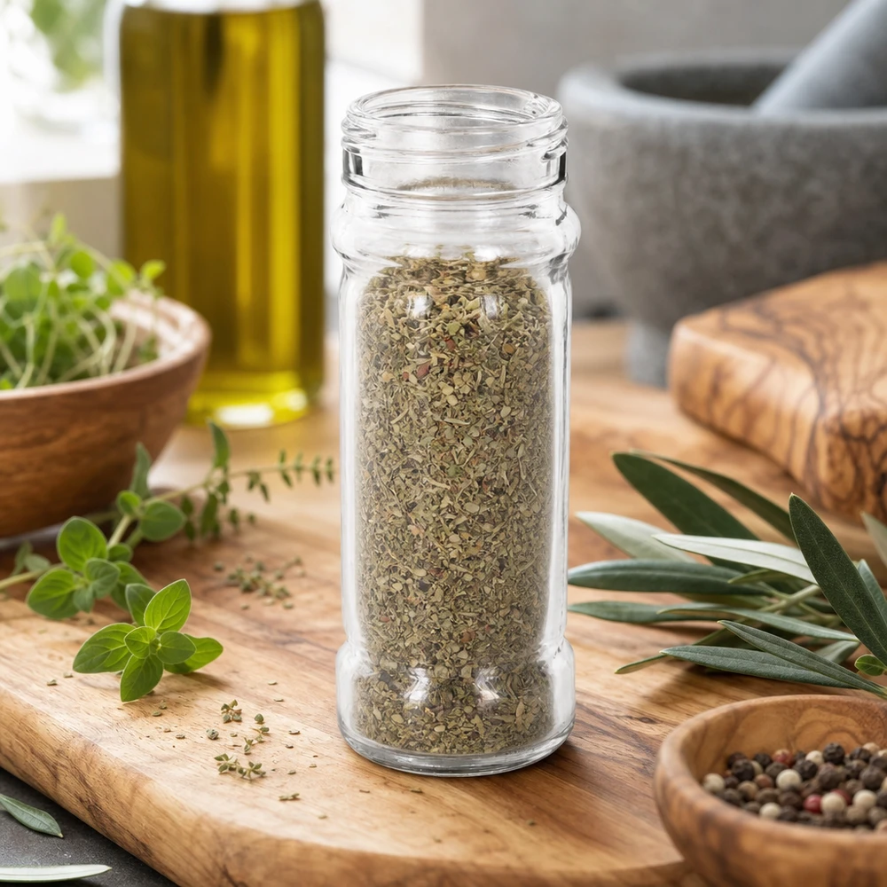 Petit pot à sel « Mary » en verre transparent de 100 ml, rempli d'origan, dans un décor de cuisine méditerranéen
