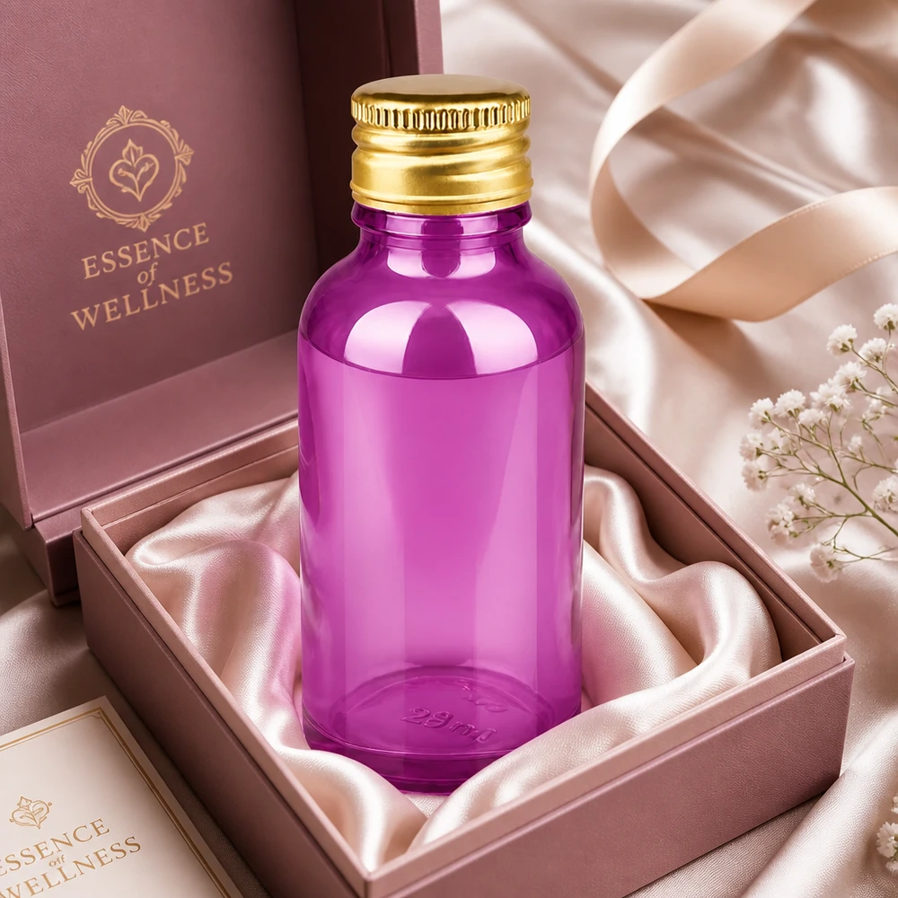 Flacon 30ml bouchon à visser 11mm alu-or standard PurpleLine. UT18/30 Bouteille en verre Purple de 30 ml avec bouchon STD et capuchon doré, parfaite pour les sérums et les teintures de qualité supérieure.