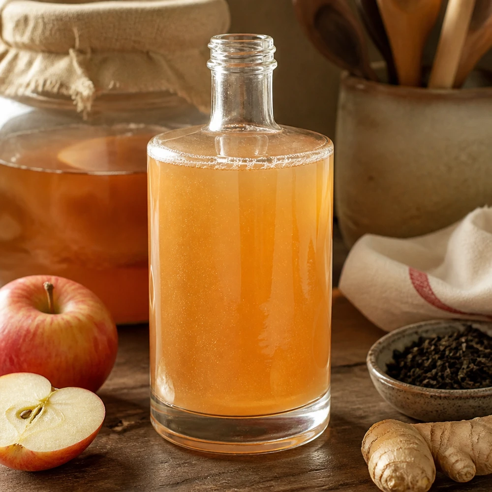 Bouteille en verre 500 ml « Sam » sans bouchon à vis UNiTWIST® 500ml Glasflasche Sam mit hausgemachtem Kombucha befüllt neben Äpfeln und Ingwer rustikale Küchen Atmosphäre