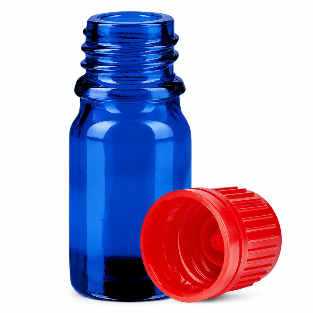 Flacon 5ml 11mm SV rouge OV BlueLine UT18/5 Flacon en verre bleu de haute qualité de 5 ml avec bouchon rouge de sécurité pour enfants BlueLine