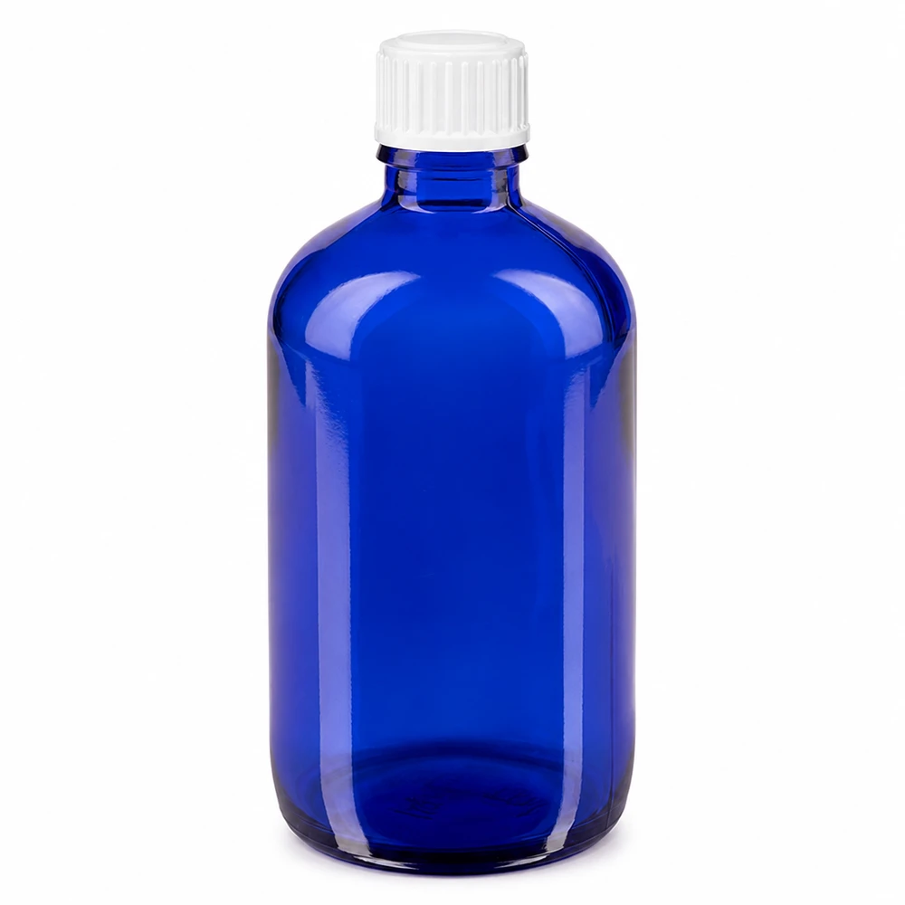 Flacon de pharmacie bleu 100ml bouchon vissable blanc standart Flacon en verre bleu de 100 ml, format pharmacie, avec bouchon blanc à sécurité enfants