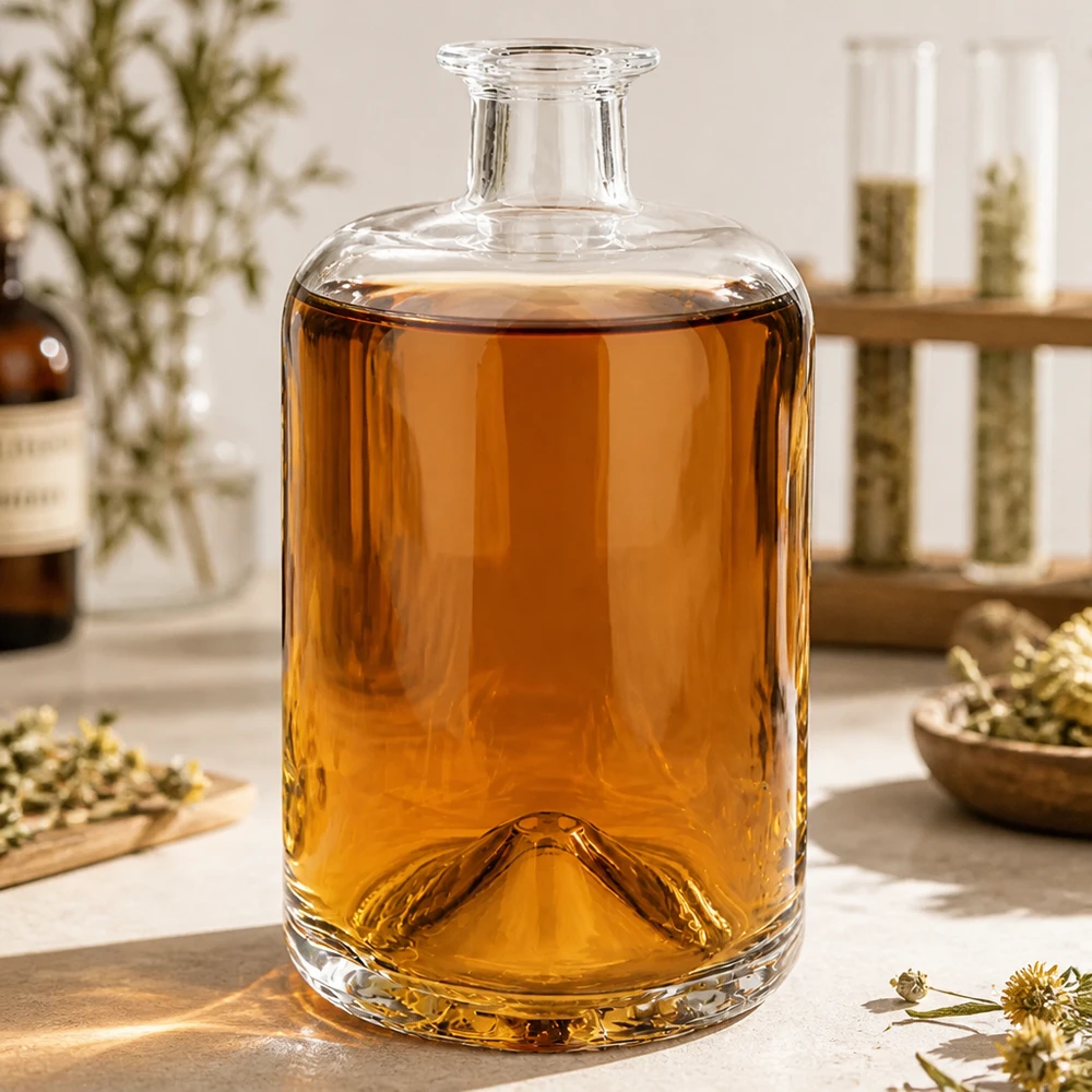 Flacon à pharmacie « Sofia » 700 ml sans bouchon UNiTWIST® 700ml Glasflasche Sofia mit bernsteinfarbener Flüssigkeit auf Marmortisch neben getrockneten Blüten atmosphärisch inszen