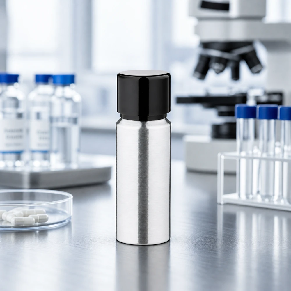 Bouteille en aluminium poncé 20 ml, avec bouchon à vis noir et joint conique Flacon professionnel en aluminium de 20 ml pour les applications de laboratoire et les échantillons scientifiques