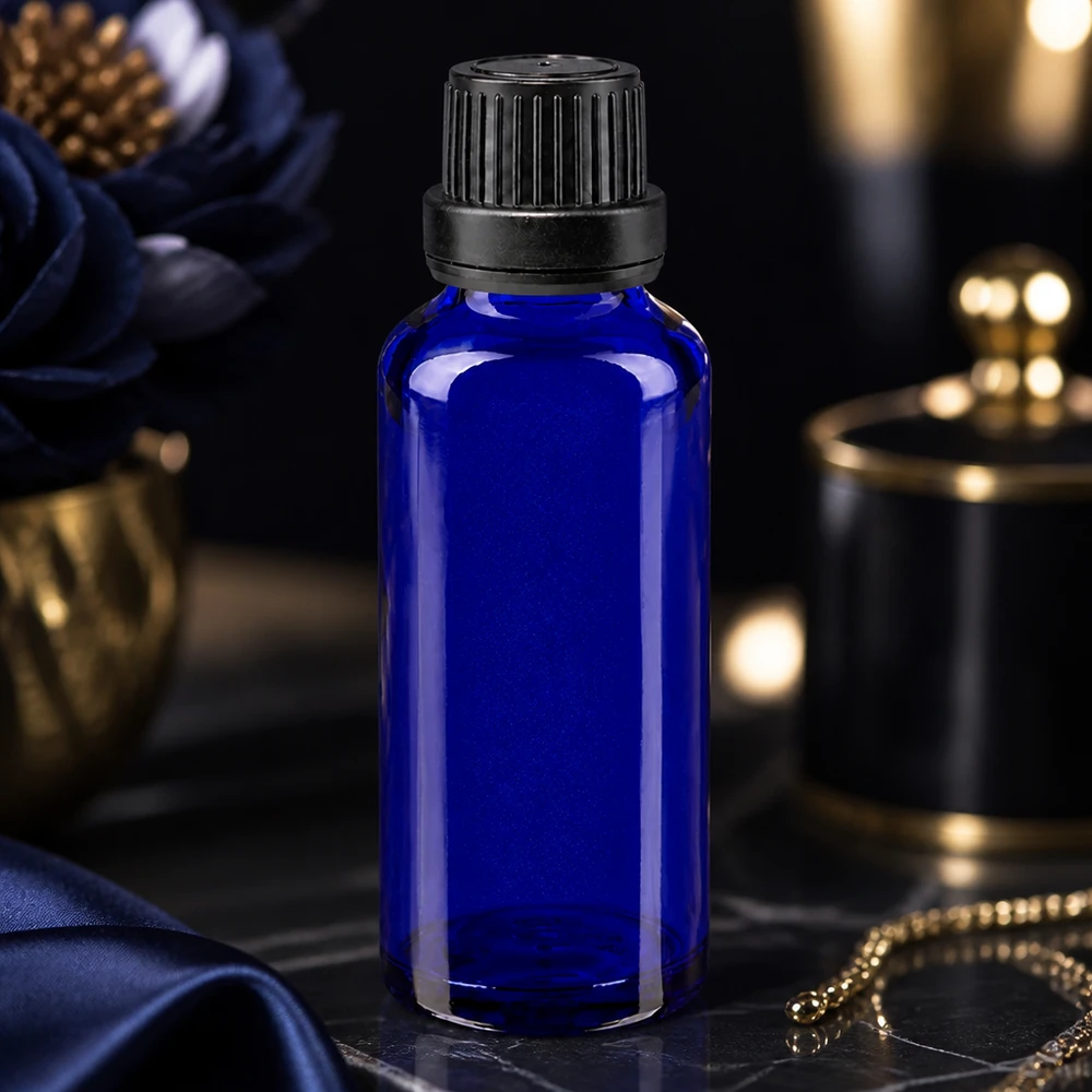 Flacon de pharmacie bleu 30ml bouchon vissable noir bouchon inviolabilité Flacon en verre bleu de 30 ml avec bouchon de sécurité noir pour huiles parfumées et essences