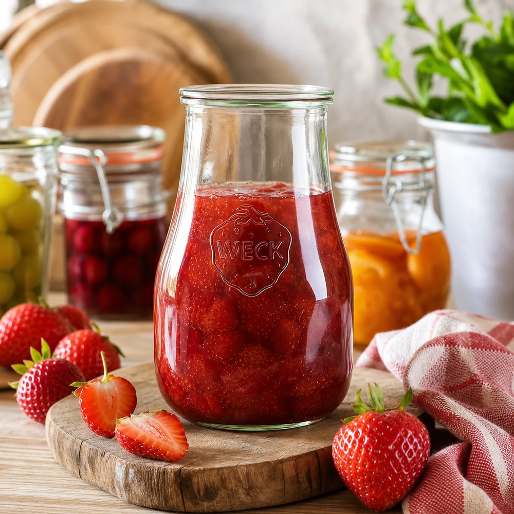 WECK Pot tulipe 2700ml rempli de confiture de fraises sur planche en bois entouré de fraises fraîches et de bocaux de conservation