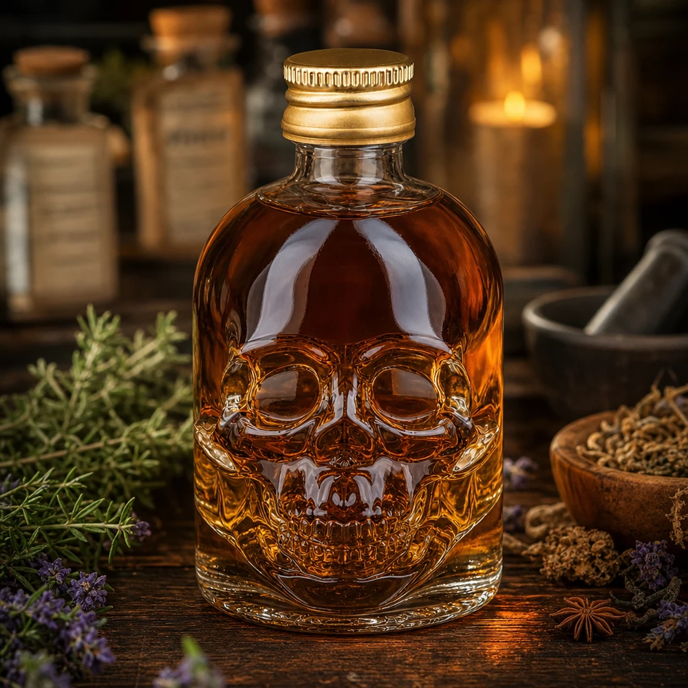 Bouteille en verre de 50ml Hector design tête de mort avec des herbes, des épices et un éclairage d'ambiance de type pharmacie