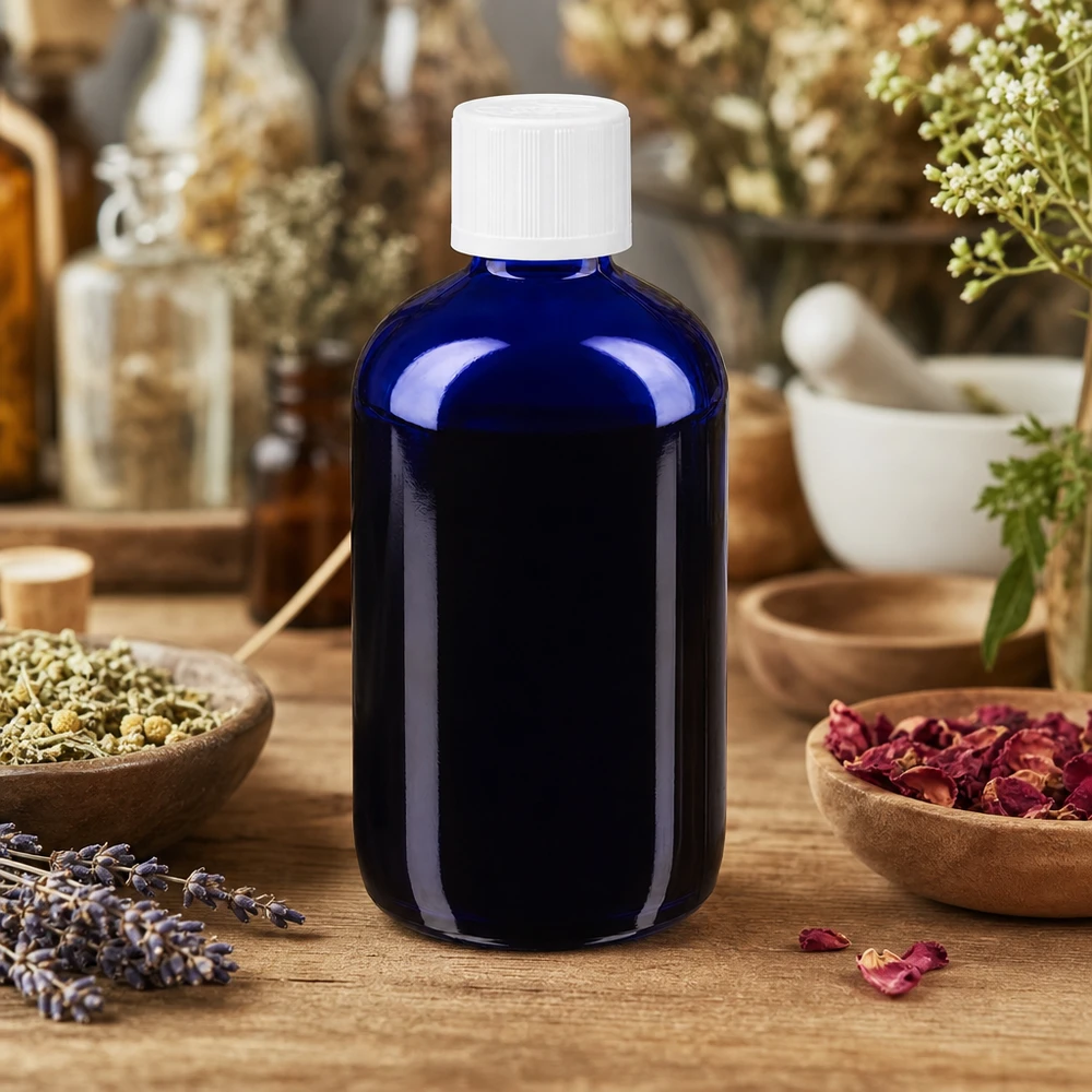 Flacon de pharmacie bleu 100ml bouchon compte-gouttes blanc sécurité enfant std Flacon en verre bleu cobalt de 100 ml avec bouchon KiSi blanc, dans une herboristerie naturelle